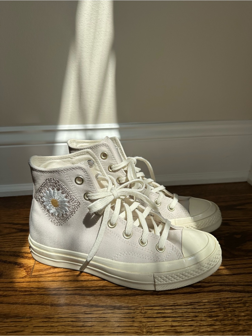 Converse High-Top Canvas Sneakers with Daisy Patch - Cream